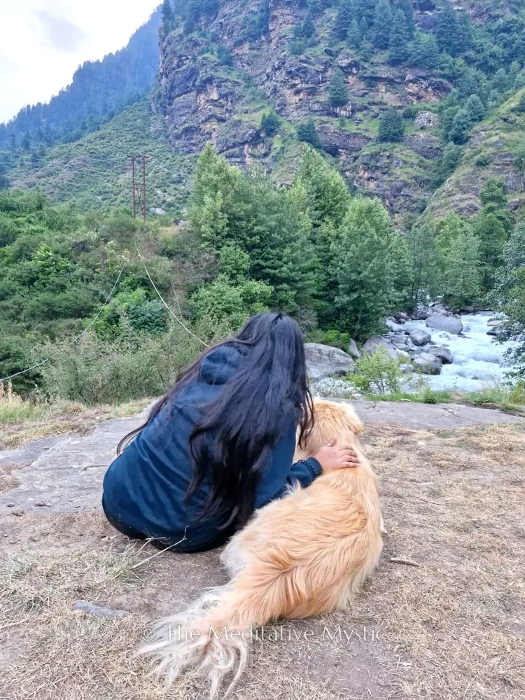 Vishakha sitting with a dog, looking out at mountains and a river