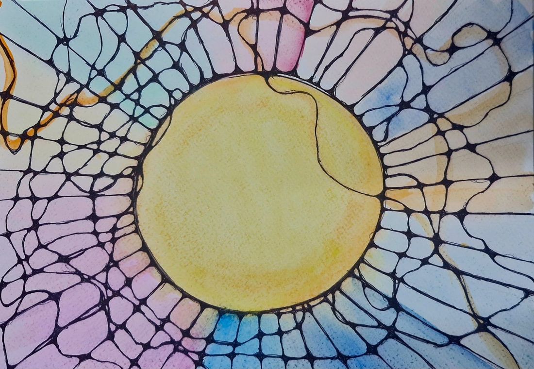 Vishakha's neurographic artwork of a golden sun within a web of flowing ink lines