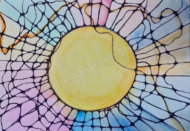 Vishakha's neurographic artwork of a golden sun within a web of flowing ink lines