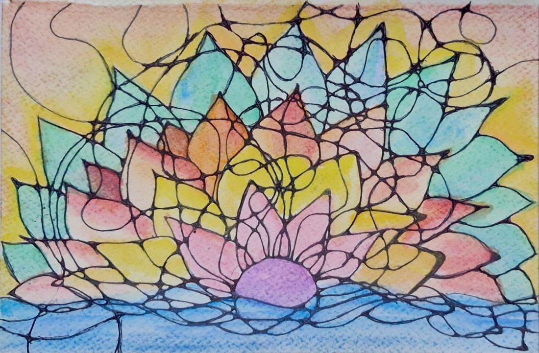 Vishakha's neurographic watercolour of a lotus blooming above water
