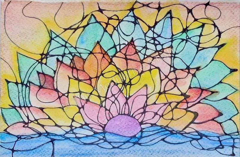 Vishakha's neurographic watercolour of a lotus blooming above water