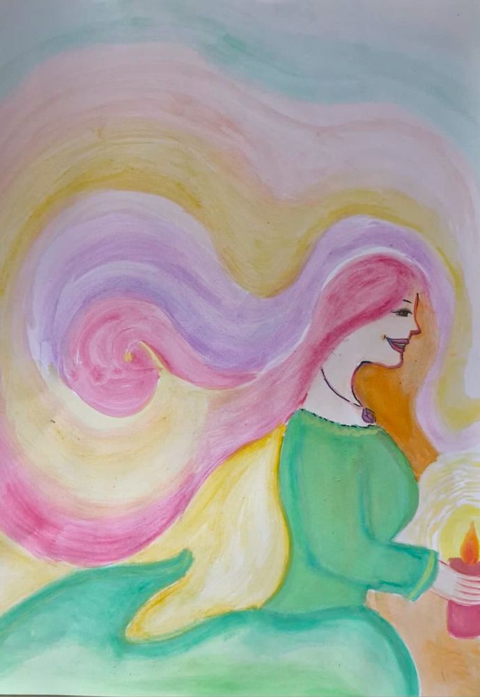 Vishakha's watercolour of a woman holding a glowing candle, her hair flowing into pastel light