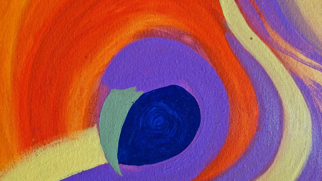Vishakha's painting of a peacock feather eye in orange, violet and deep blue