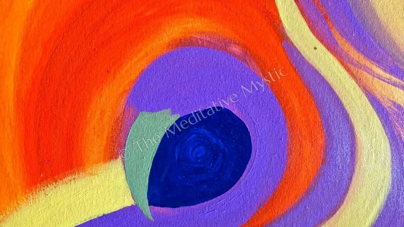 Vishakha's painting of a peacock feather eye in orange, violet and deep blue